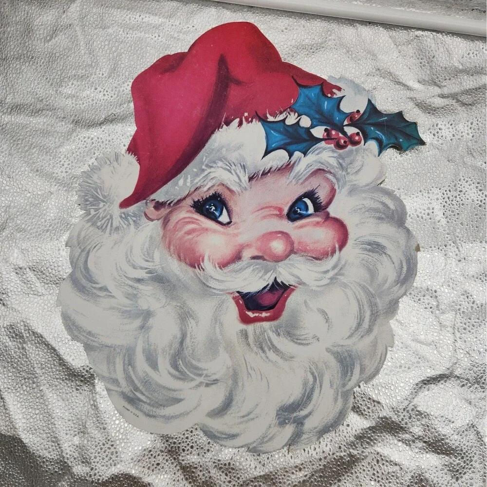 Die Cut Santa HMS INC & Wreath Kitschy Christmas Wall Decoration 60s VTG Classic
